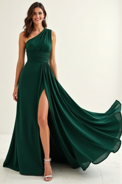 Leely Women Dark Green Ruched Boho Maxi Bridesmaid Dress with Slit One Shoulder A Line Wedding Guest Dress