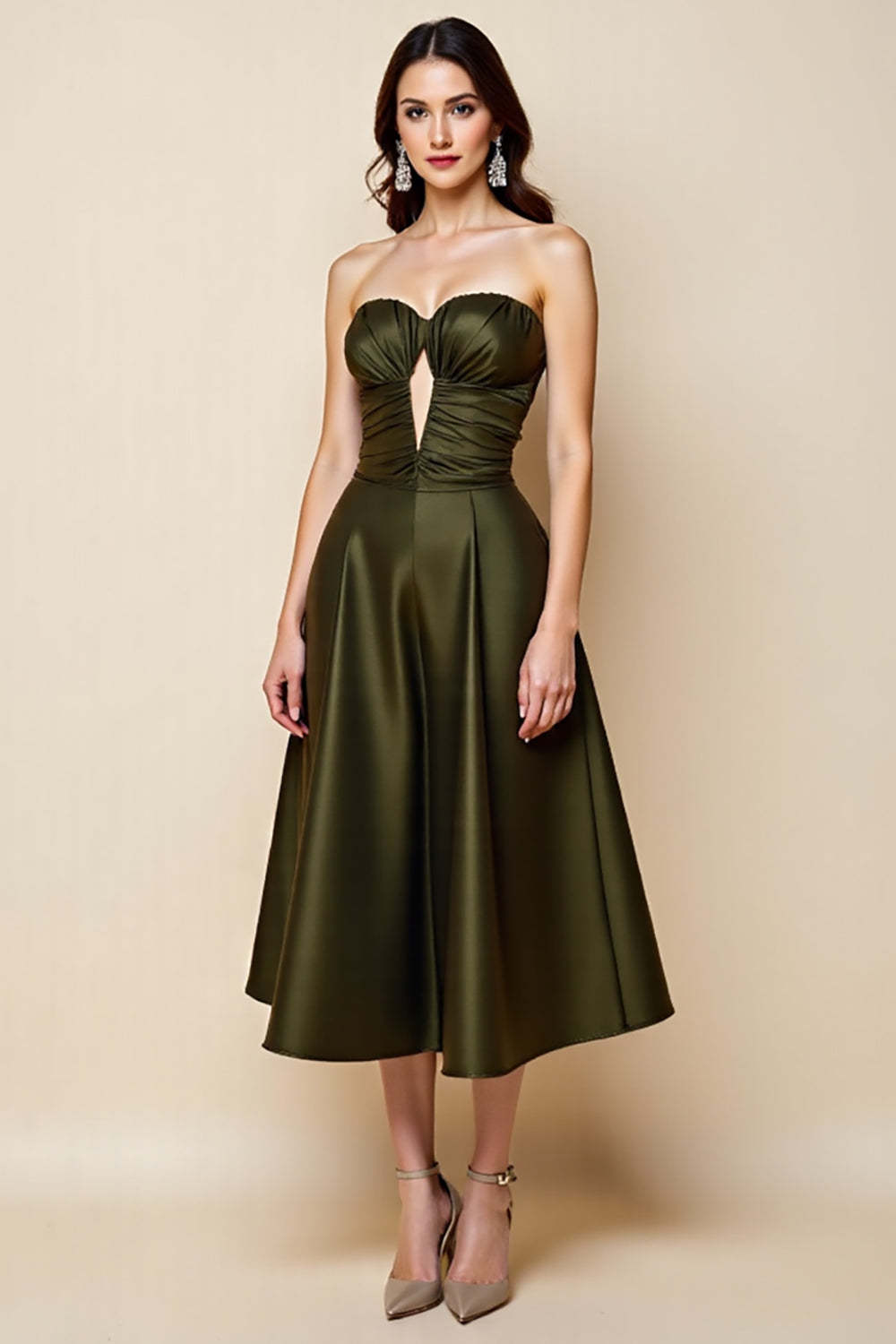 Olive Satin A Line Keyhole Strapless Midi Cocktail Dress