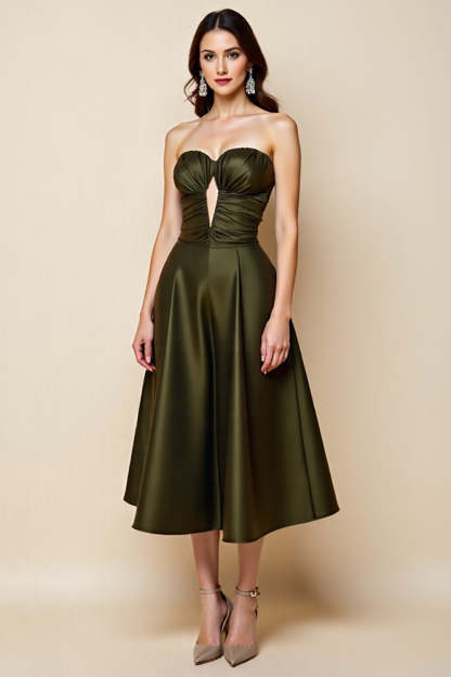 Olive Satin A Line Keyhole Strapless Midi Cocktail Dress