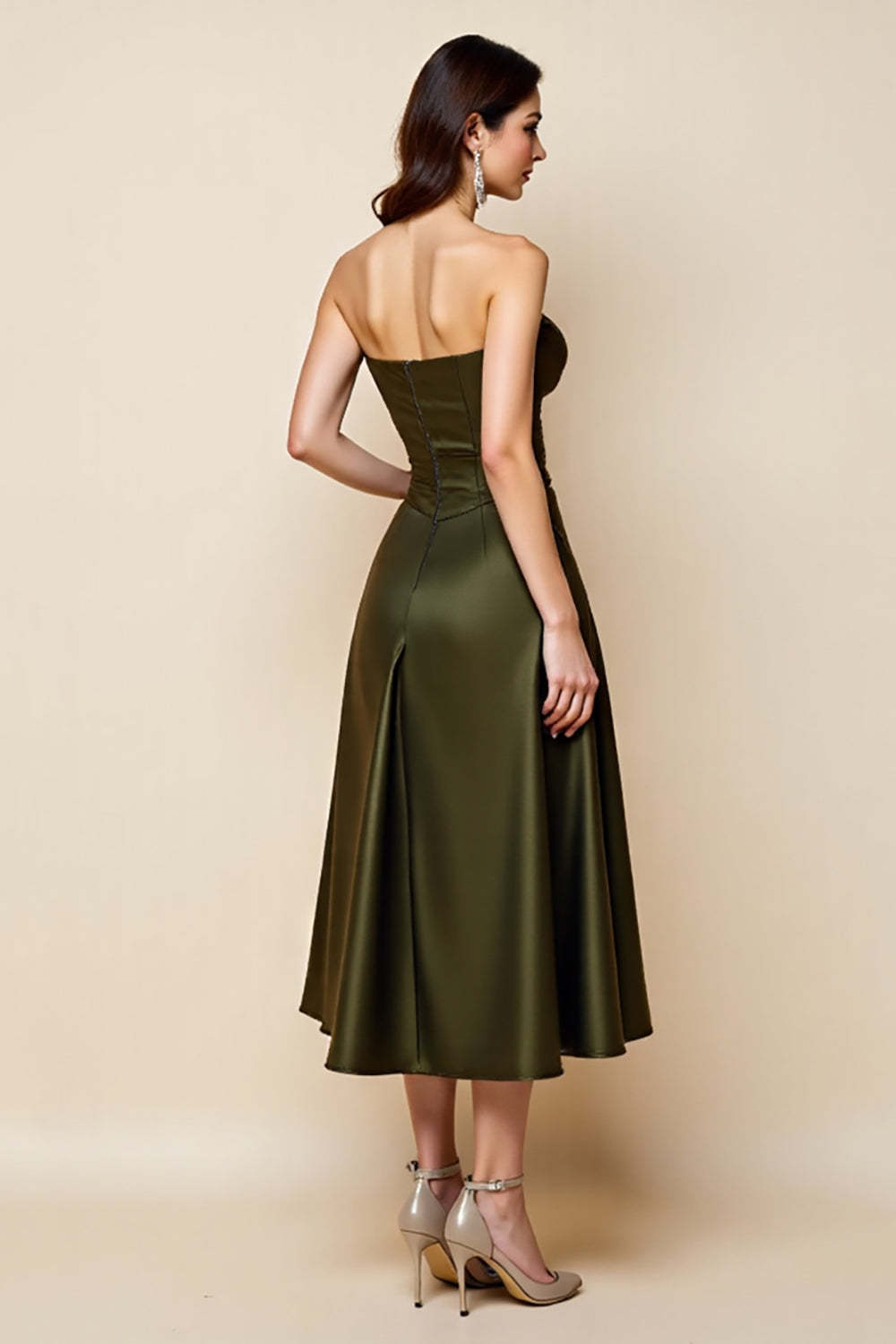 Olive Satin A Line Keyhole Strapless Midi Cocktail Dress