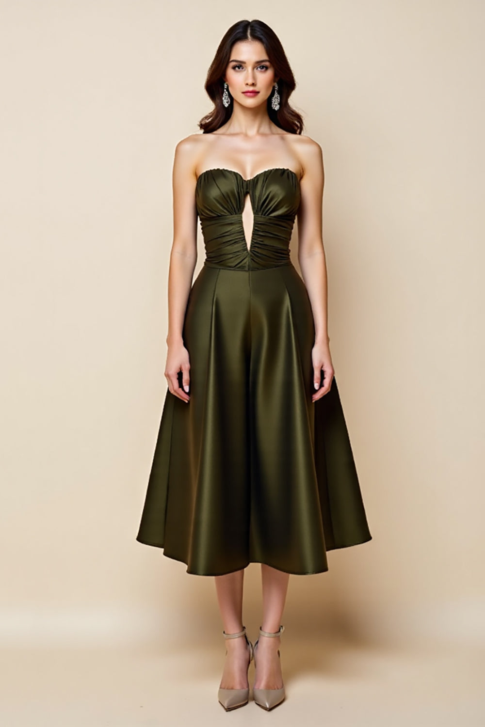 Olive Satin A Line Keyhole Strapless Midi Cocktail Dress