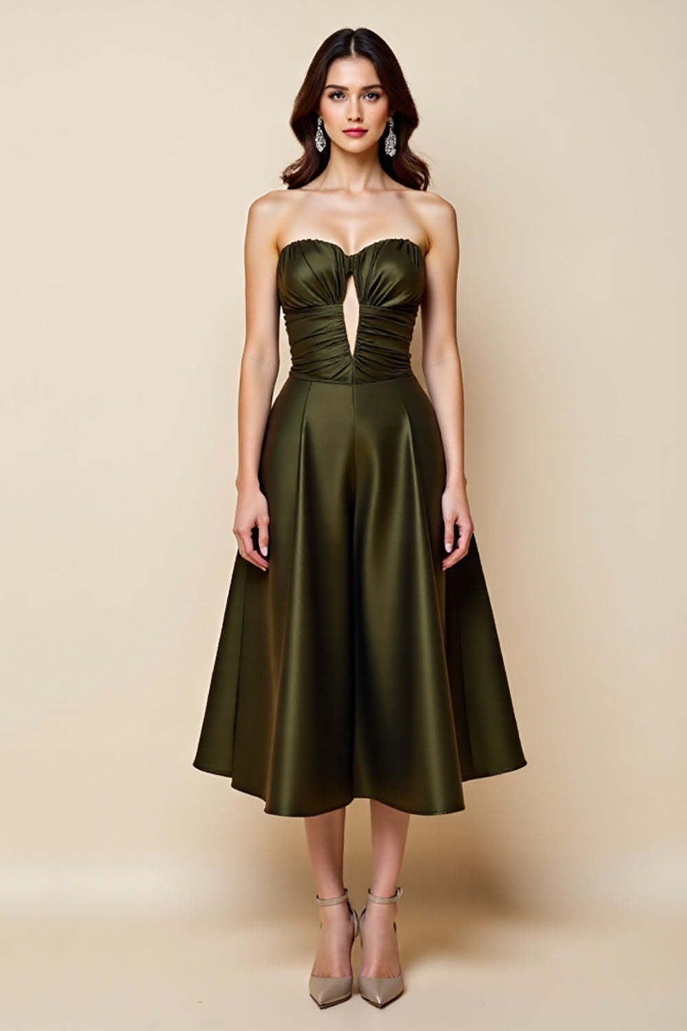 Leely Women Olive Satin Sweetheart Midi Cocktail Dress Ruched Keyhole A Line Sleeveless Wedding Guest Dress
