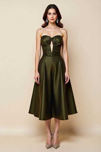 Leely Women Olive Satin Sweetheart Midi Cocktail Dress Ruched Keyhole A Line Sleeveless Wedding Guest Dress