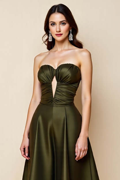 Olive Satin A Line Keyhole Strapless Midi Cocktail Dress
