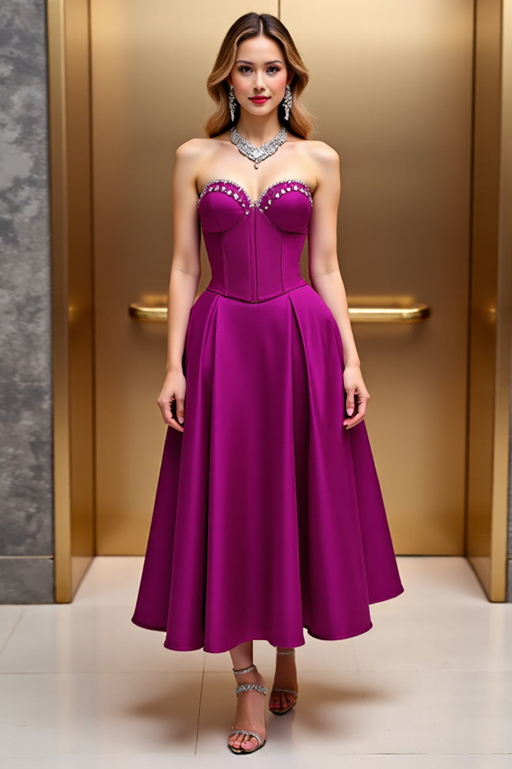 Leely Women Fuchsia Satin Midi Cocktail Dress with Rhinestone Strapless A Line Sweetheart Party Dress