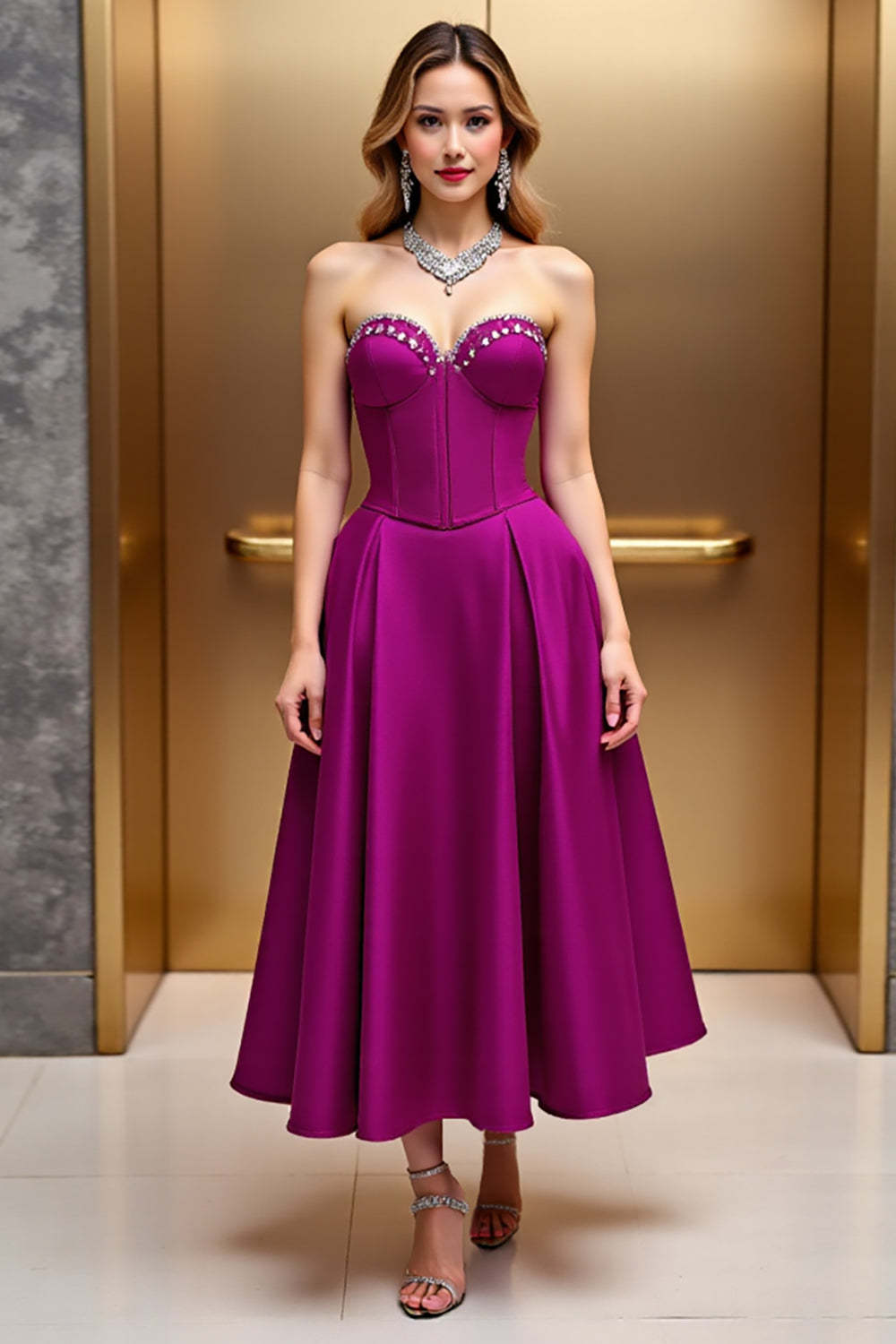 Leely Women Fuchsia Satin Midi Cocktail Dress with Rhinestone Strapless A Line Sweetheart Party Dress