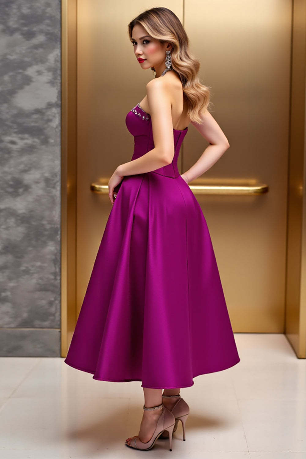 Fuchsia Corset A Line Satin Midi Cocktail Dress with Rhinestone