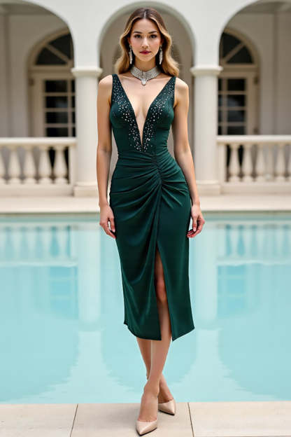 Pine Satin V-Neck Midi Bodycon Cocktail Dress with Slit