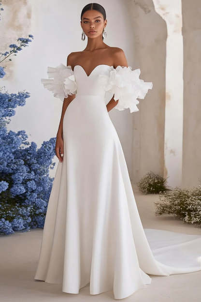 Leely Women Ivory Satin Sweep Train Sweetheart Wedding Dress with Ruffles A Line Off the Shoulder Bridal Dress