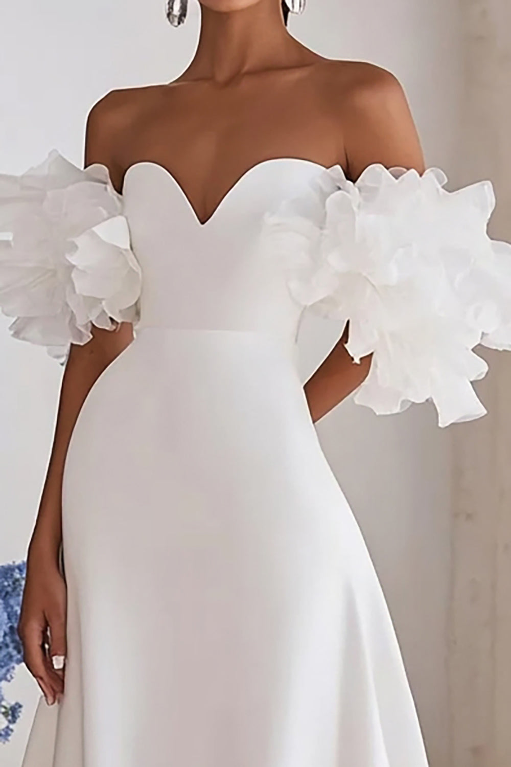 Ivory Sweep Train Sweetheart A Line Satin Wedding Dress with Ruffles