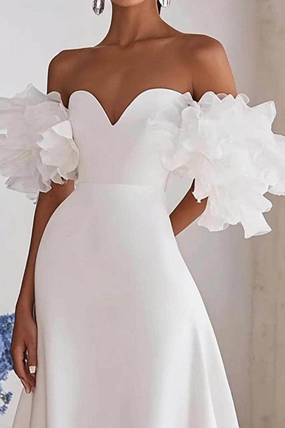 Ivory Sweep Train Sweetheart A Line Satin Wedding Dress with Ruffles