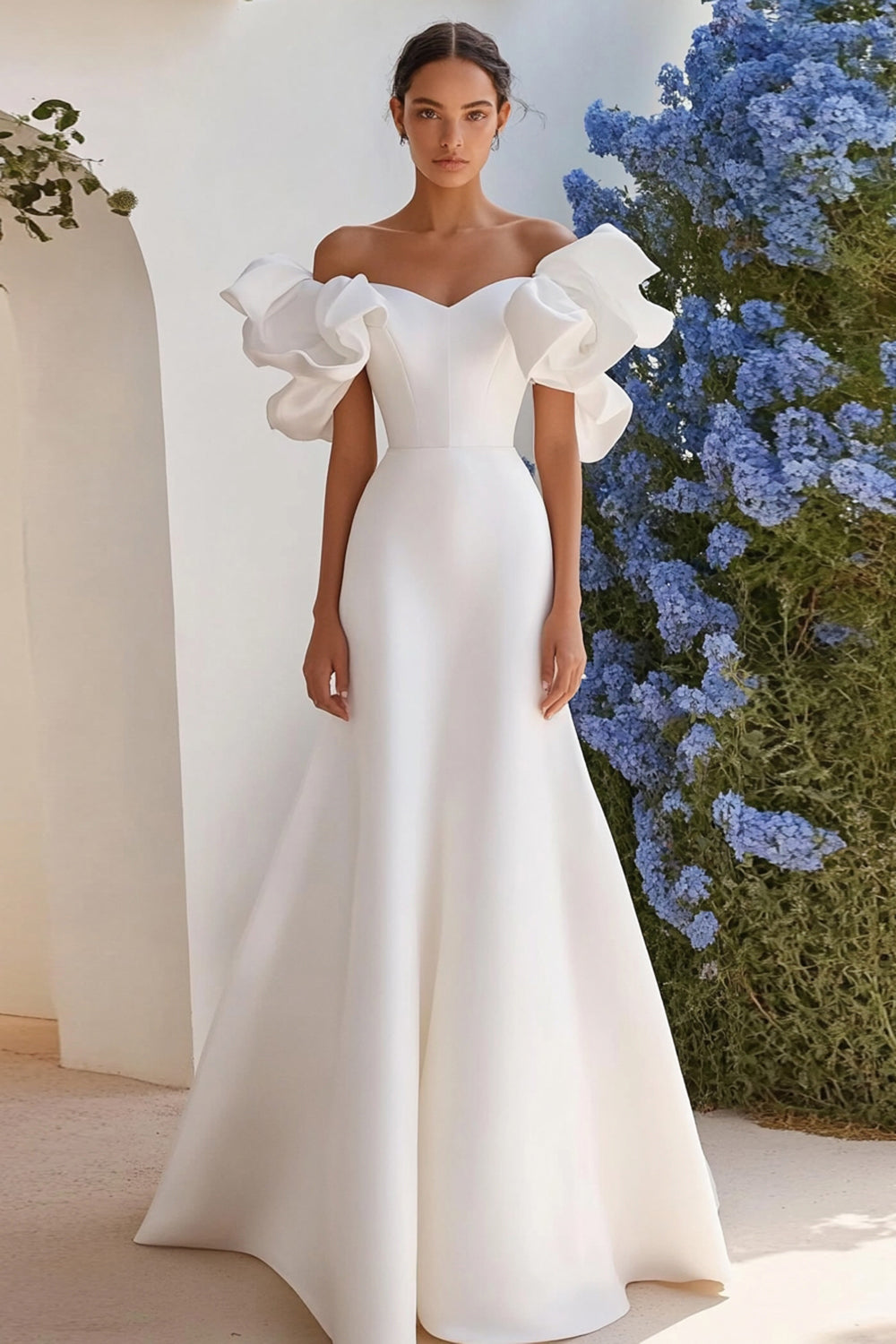 Ivory A Line Satin Off the Shoulder Maxi Wedding Dress with Ruffles