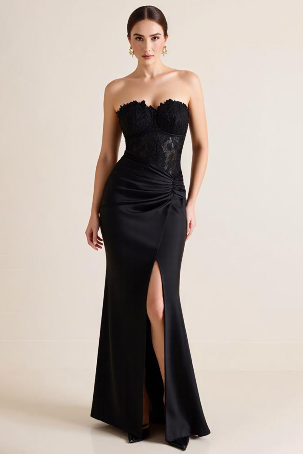 Black Strapless Appliqued Mermaid Ruched Long Formal Dress with Slit
