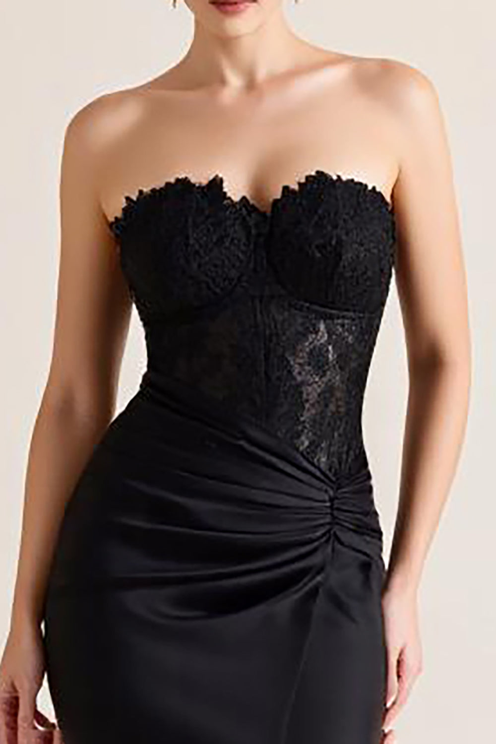 Black Strapless Appliqued Mermaid Ruched Long Formal Dress with Slit
