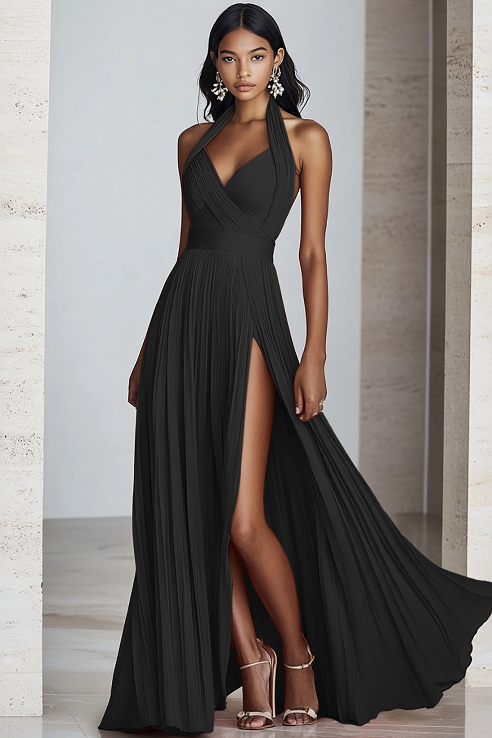 Black Halter Maxi Pleated A Line Formal Dress with Slit