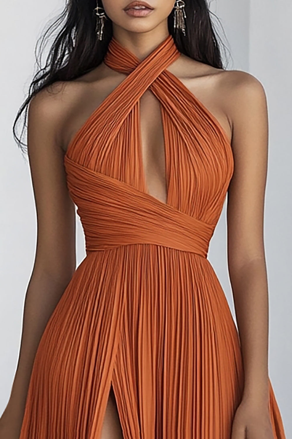Orange A Line Chiffon Halter Keyhole Pleated Formal Dress with Slit