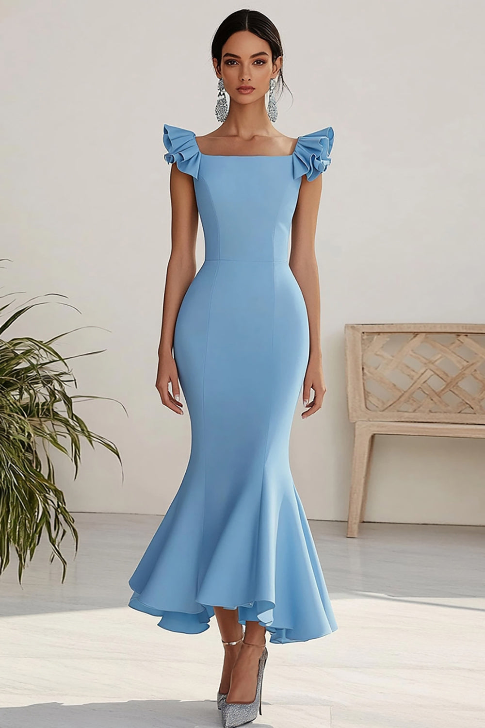 Sky Blue Square Neck Maxi Mermaid Formal Dress with Ruffles