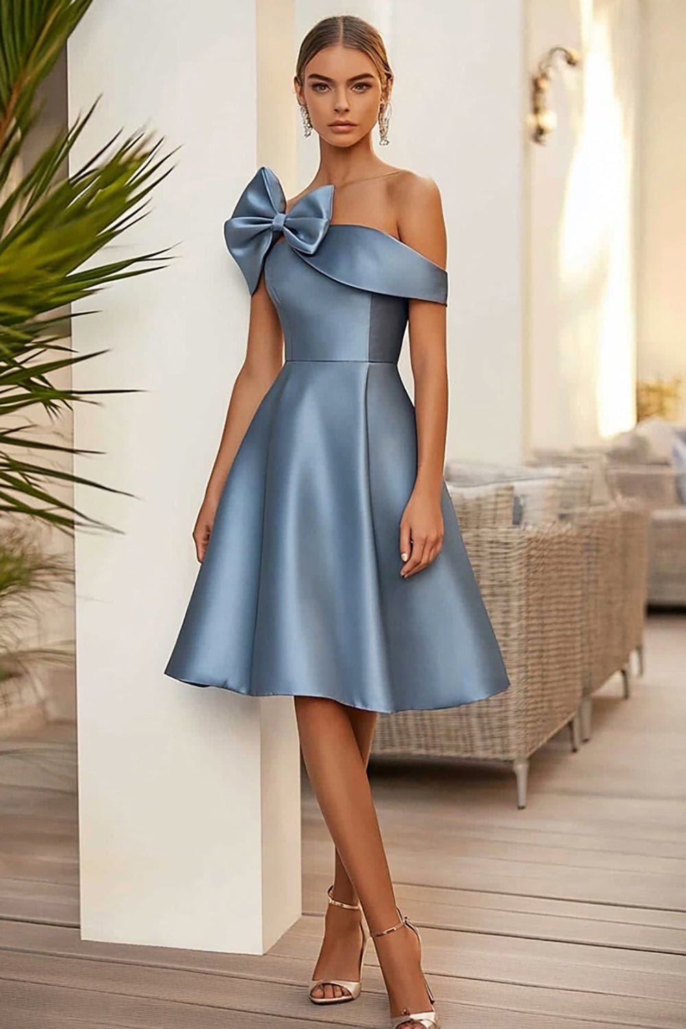 Dusty Blue Satin A Line Short Graduation Dress with Bow