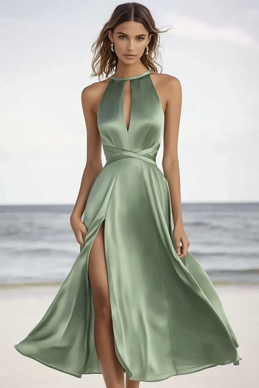 Leely Women Dusty Sage A Line Maxi Formal Dress with Slit High Neck Summer Dress with Keyhole