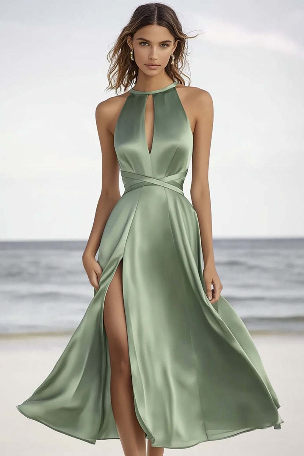 Leely Women Dusty Sage A Line Maxi Formal Dress with Slit High Neck Summer Dress with Keyhole