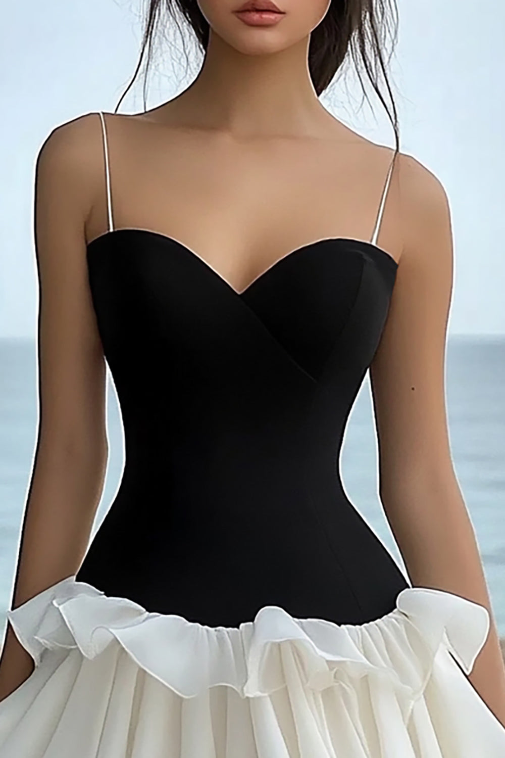 Black and White Tiered Mini Graduation Dress with Ruffles