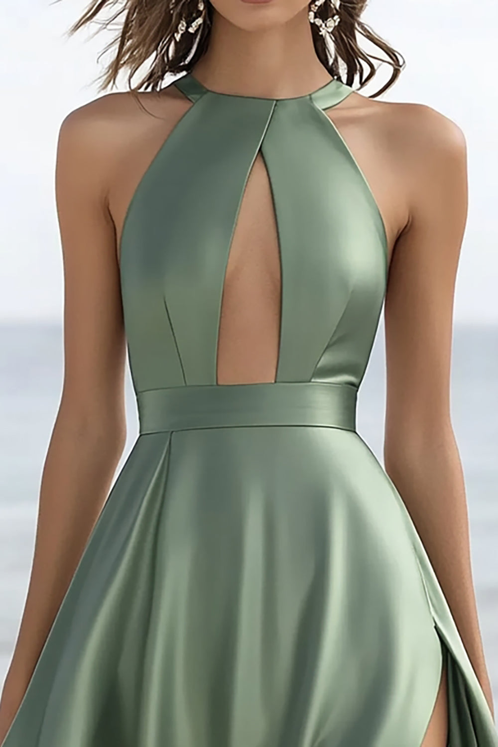 Dusty Sage High Neck Midi Graduation Dress with Slit