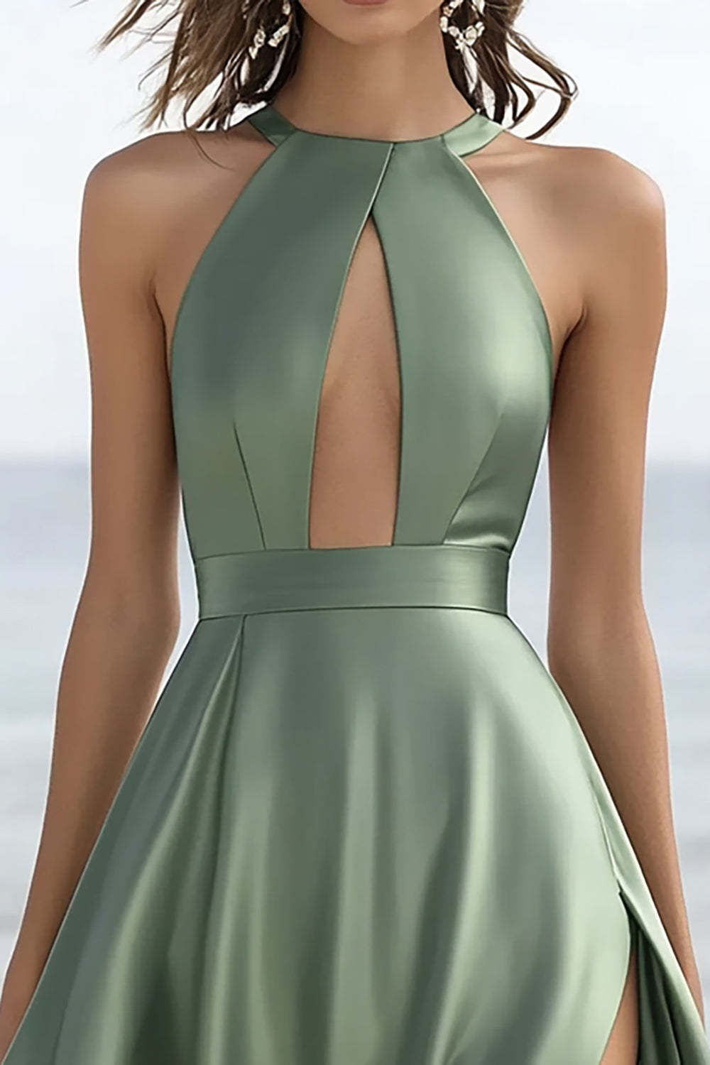 Dusty Sage High Neck Midi Graduation Dress with Slit