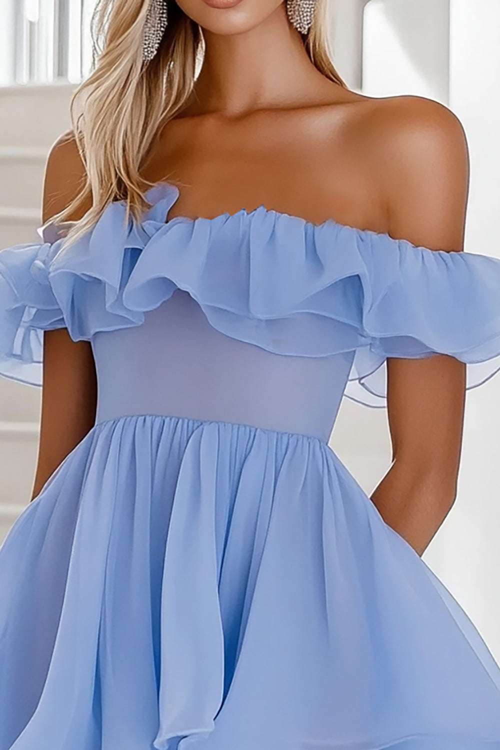 Blue Organza Off the Shoulder Mini Graduation Dress with Ruffles