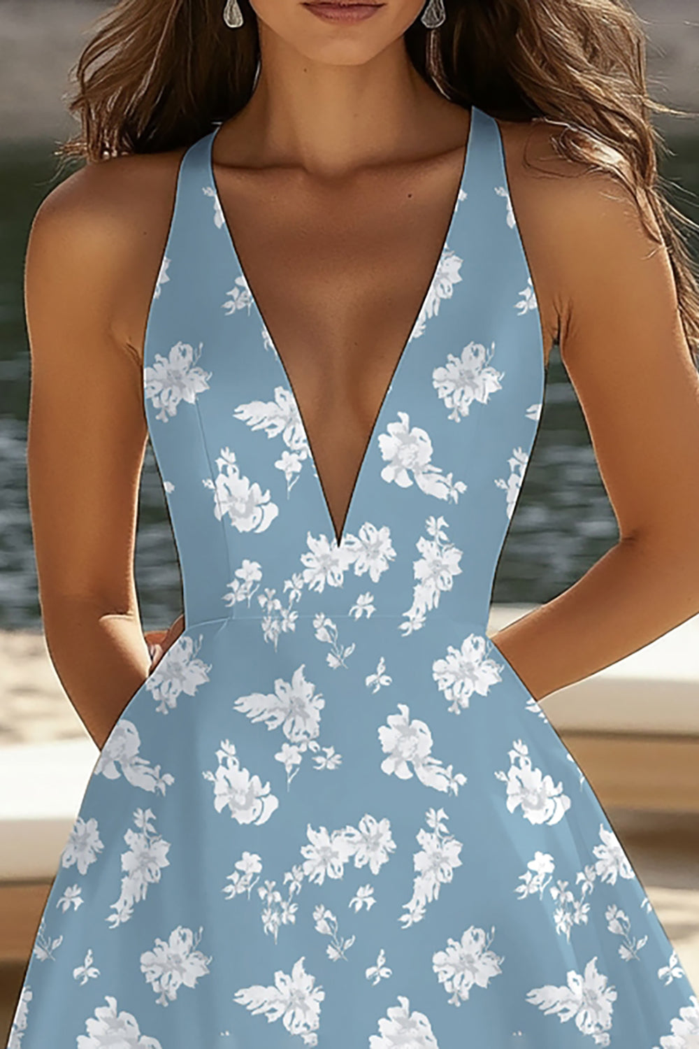 Blue White V-Neck A Line Flower Short Graduation Dress