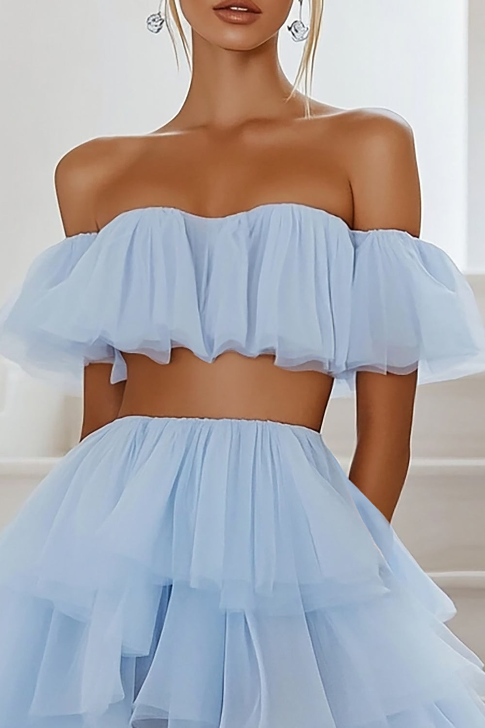 Sky Blue Two Pieces Tiered High-Low Graduation Dress with Ruffles