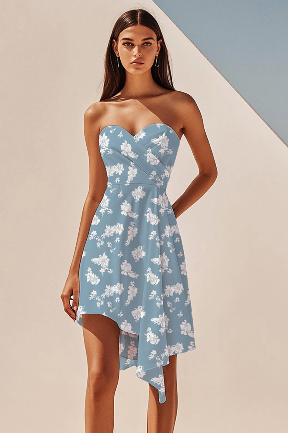 Blue White Floral Asymmetrical Summer Dress with Drape
