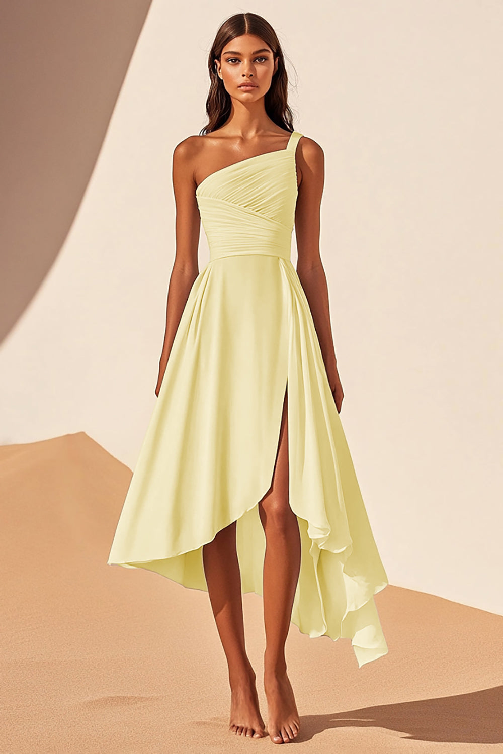 Daffodil A Line Ruched High-Low Graduation Dress with Slit