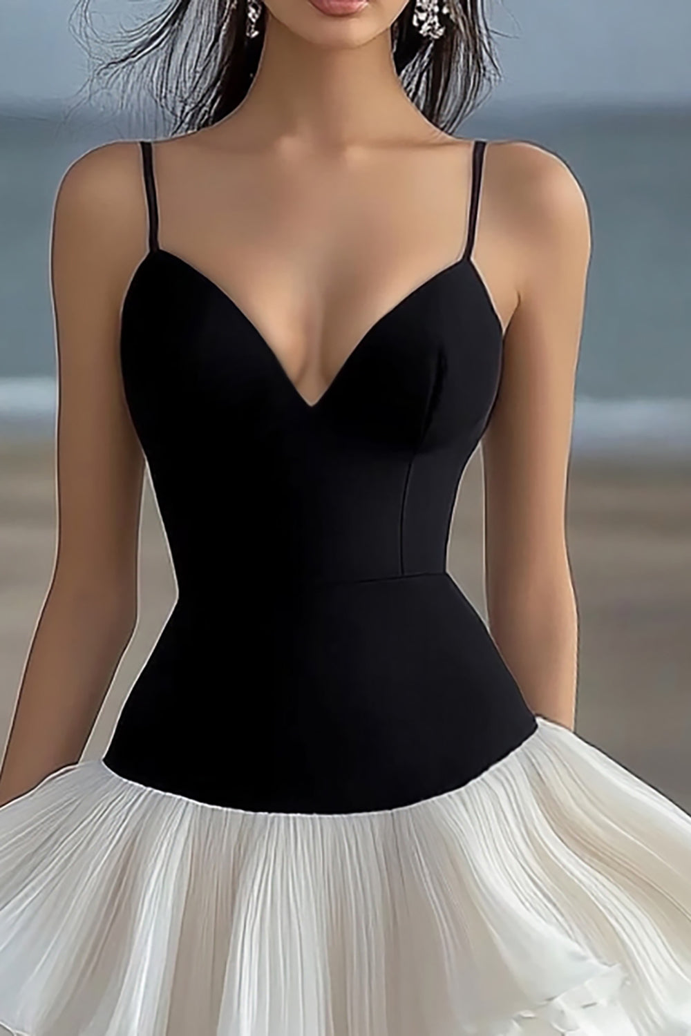 Black and White High-Low Graduation Dress with Ruffles