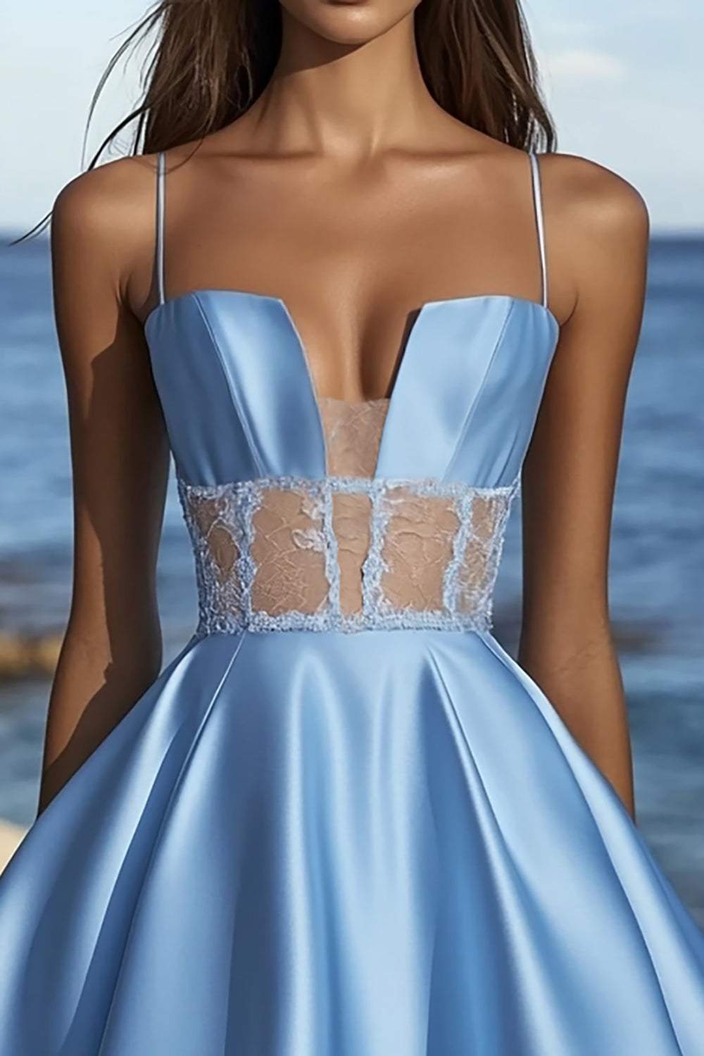 Blue Spaghetti Straps Satin Mini Graduation Dress with Lace