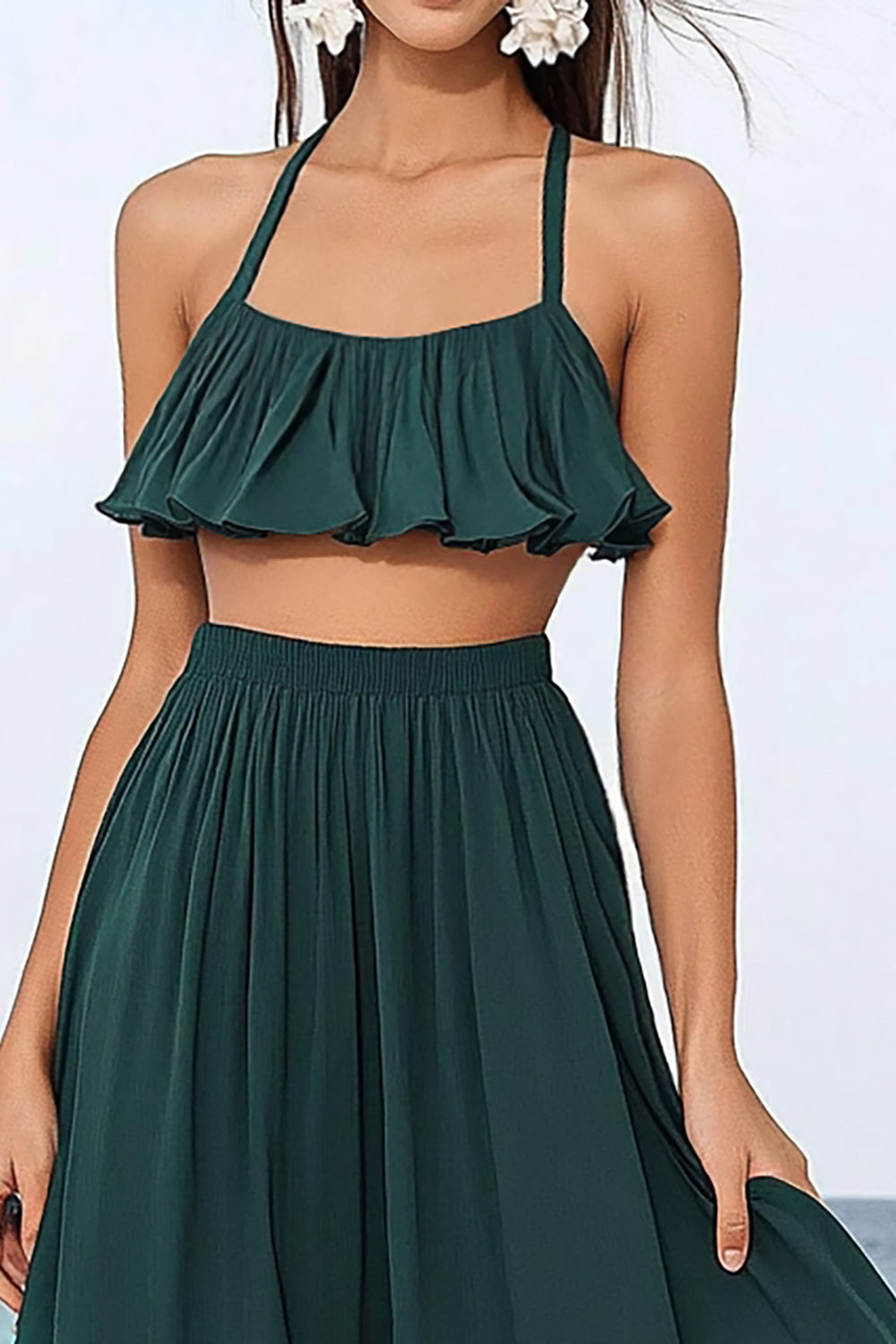 Dark Green Two Piece Chiffon A Line Boho Maxi Dress with Ruffles
