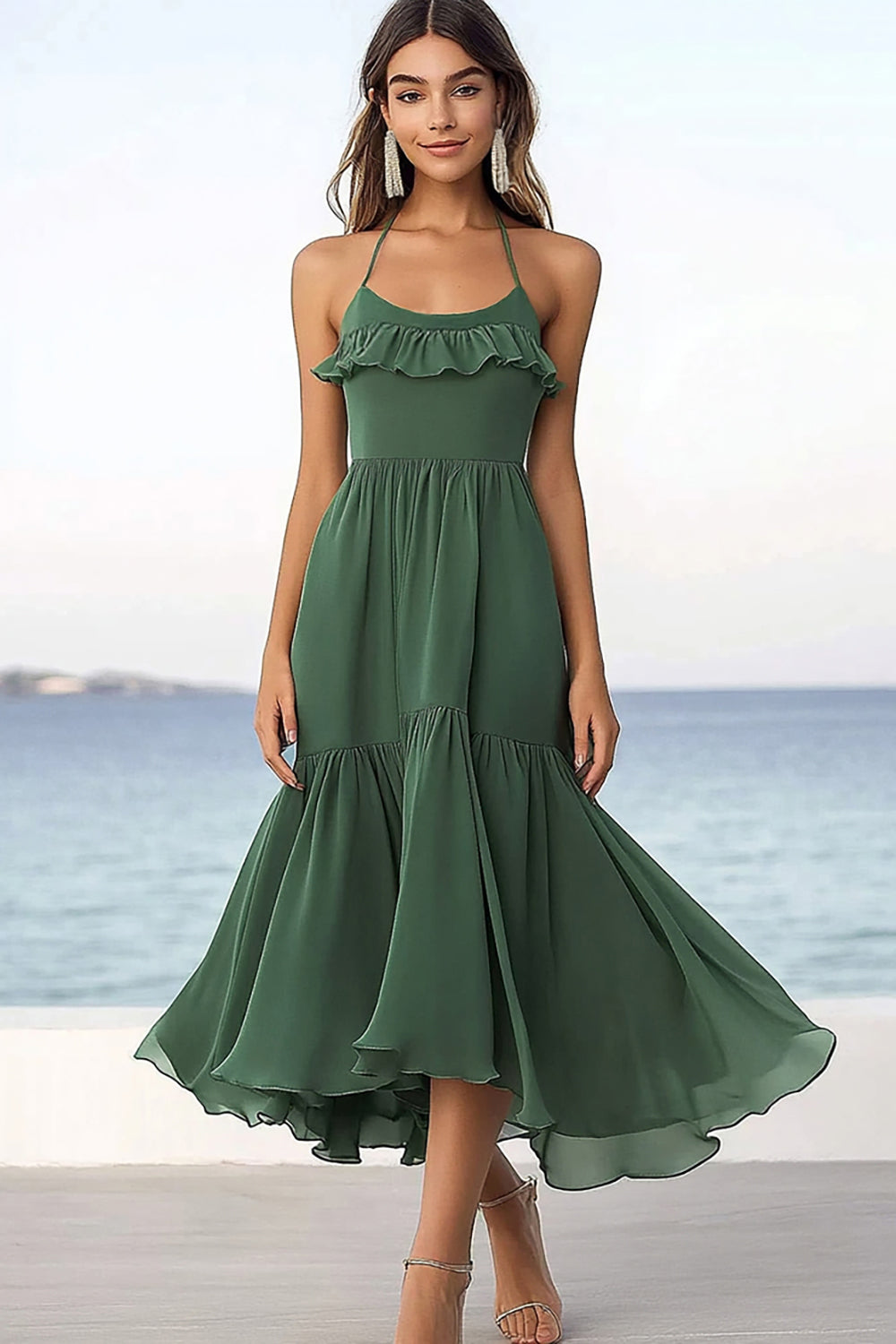 Eucalyptus Chiffon A Line Halter Boho Maxi Dress with Ruffles