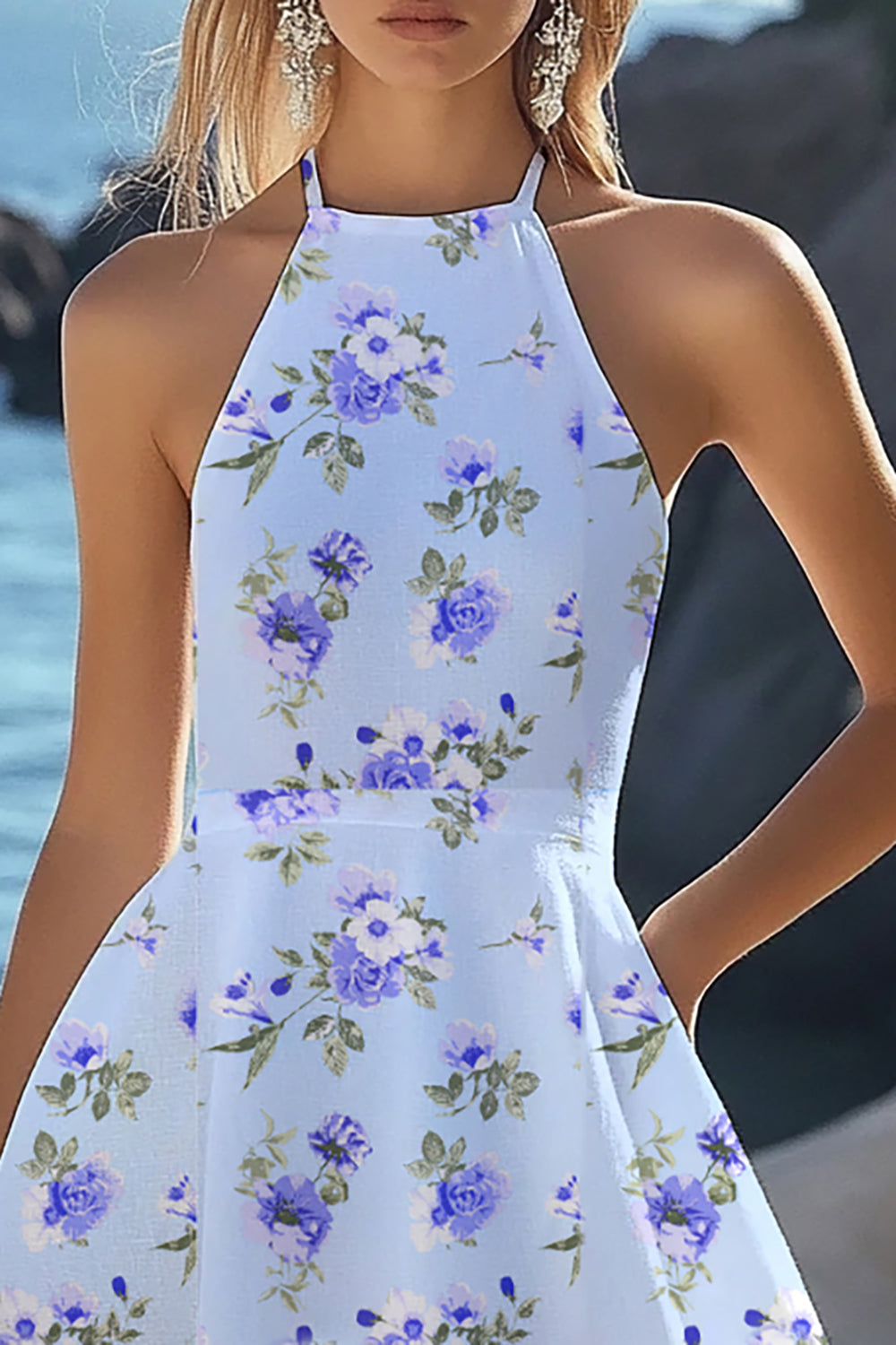 Blue Floral Halter A Line Mini Boho Dress