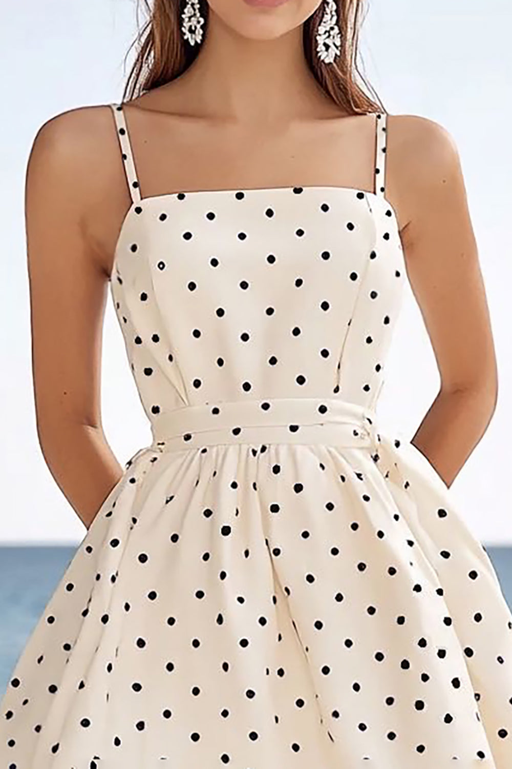 Ivory Polka Dots Spaghetti Straps Mini A Line Boho Dress