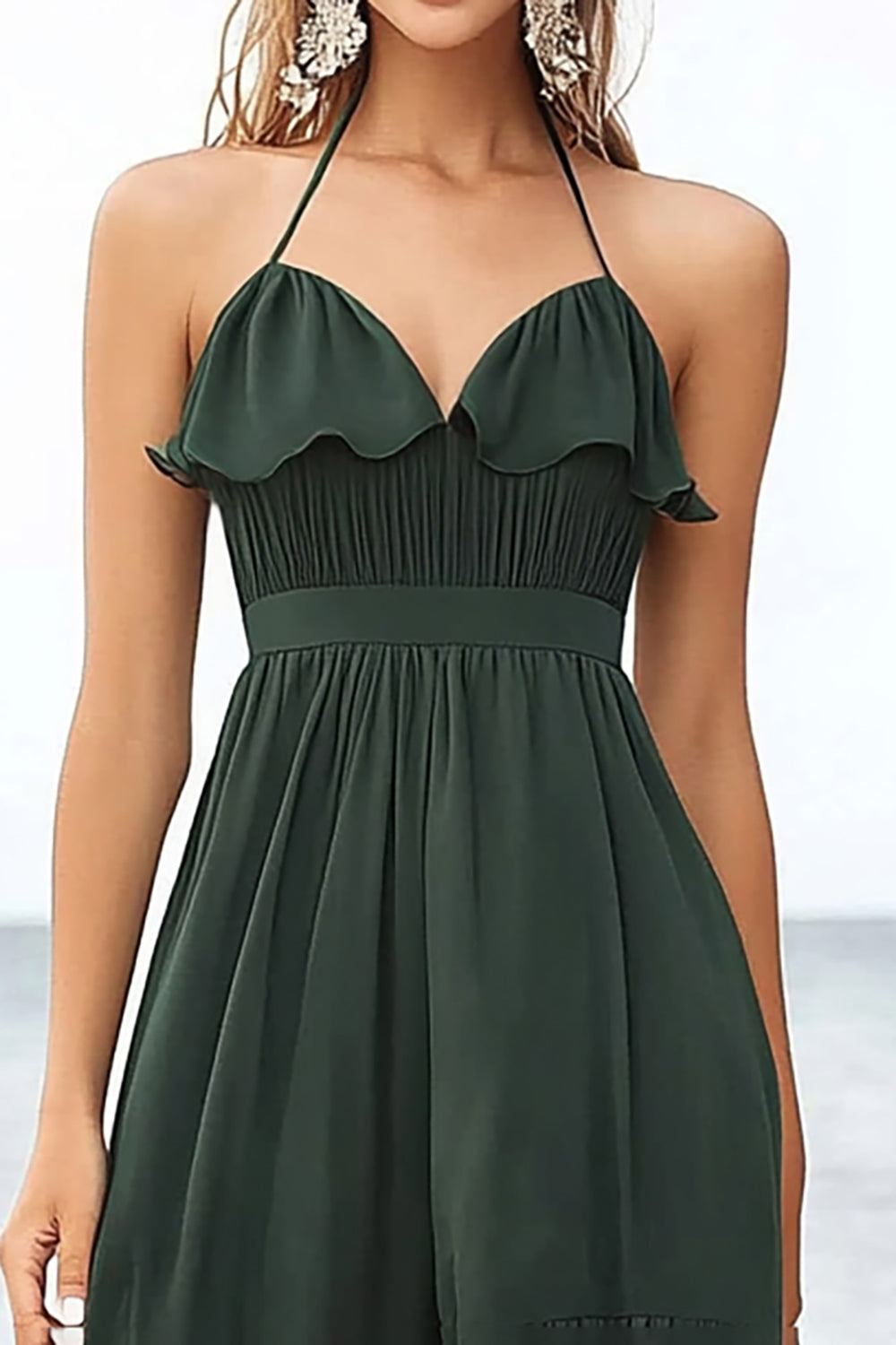 Dark Green Halter Chiffon A Line Boho Maxi Dress with Ruffles