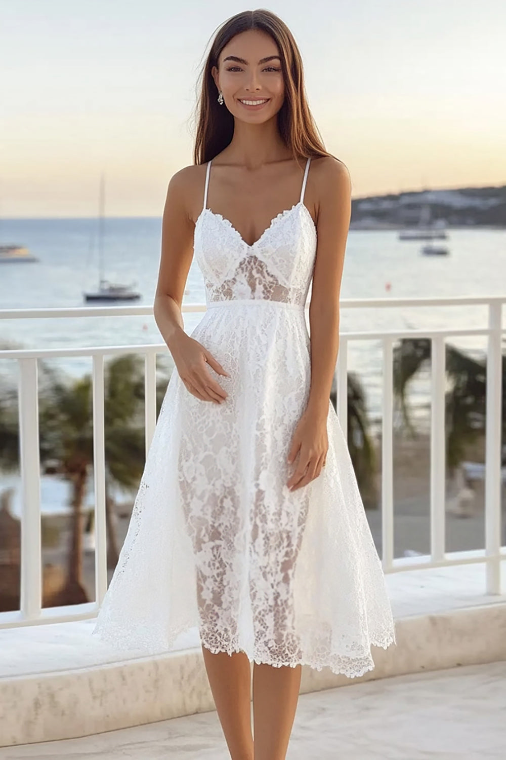 White A Line Spaghetti Straps Lace Midi Graduation Dress