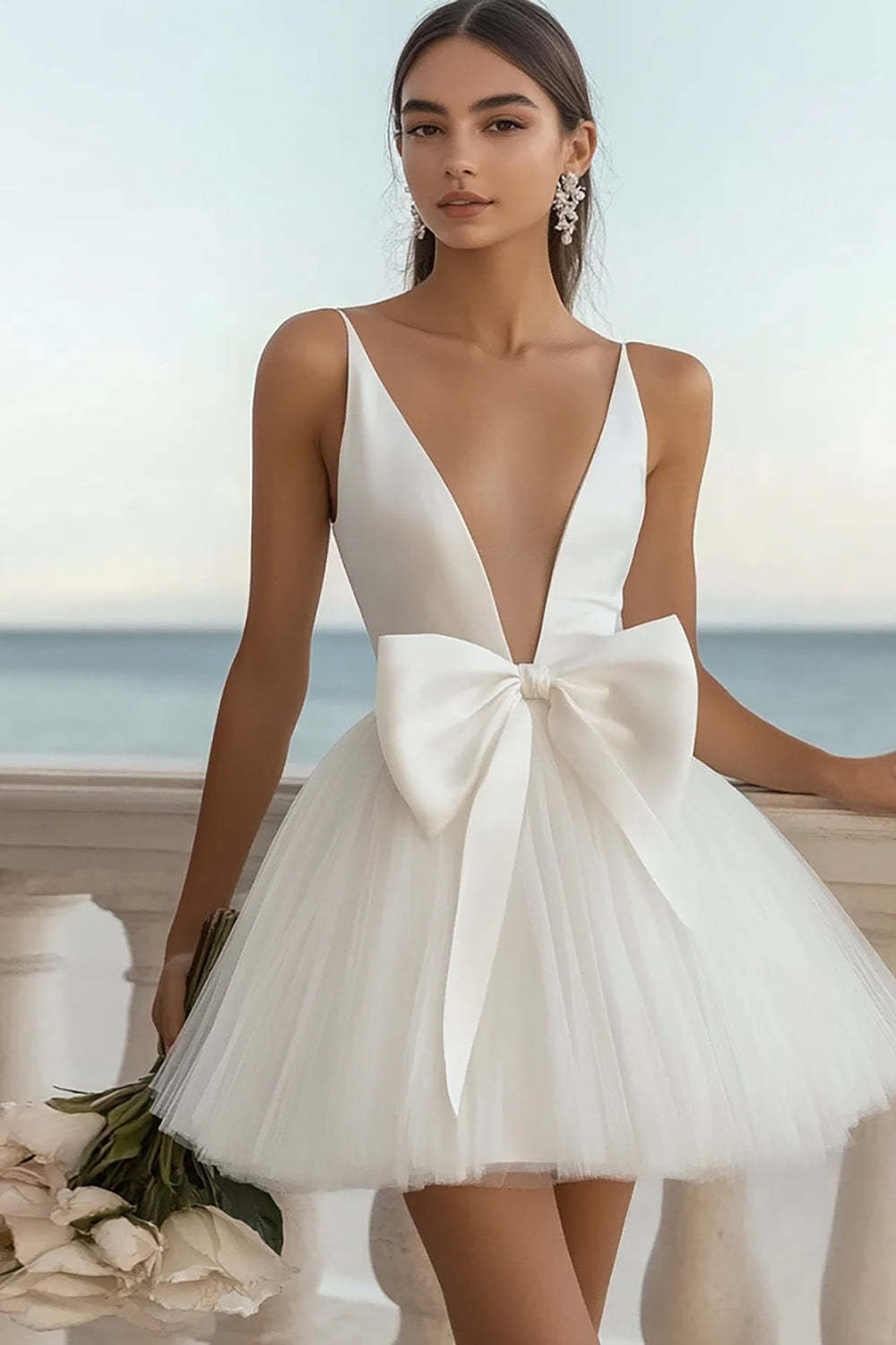 Leely Women White Tulle Mini Graduation Dress with Bow Deep V-Neck A-Line Little White Dress