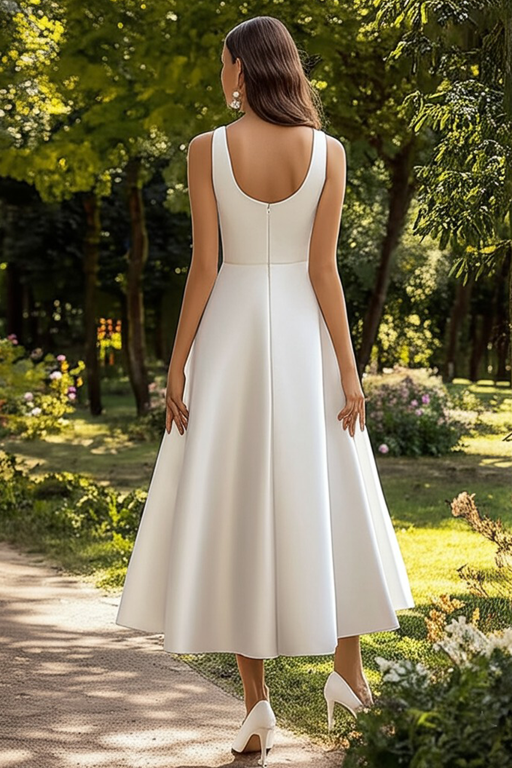 White Scoop Neck Satin A Line Midi Graduation Dress