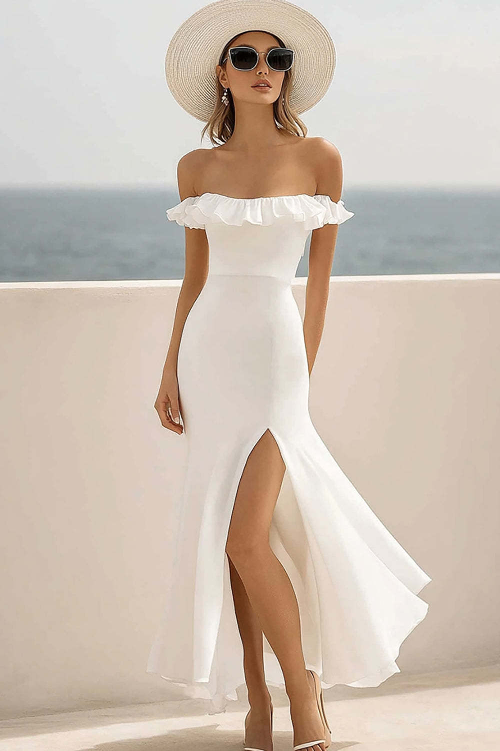 Leely Women White Chiffon Maxi Engagement Dress with Slit Strapless Mermaid Rehearsal Dinner Dress with Ruffles