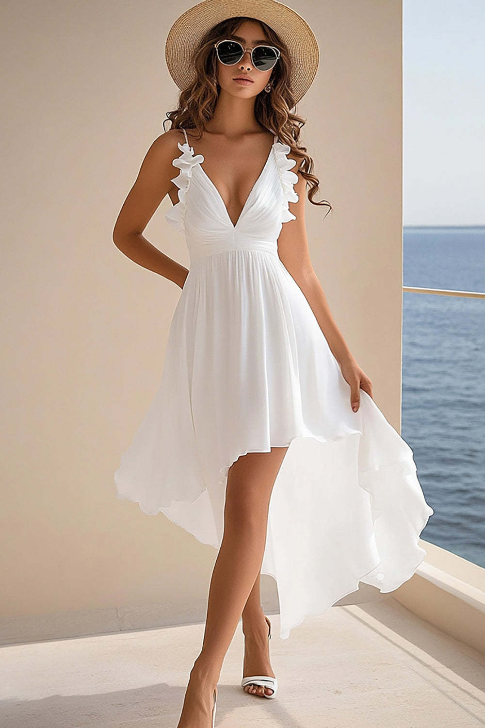 Leely Women White Deep V-Neck High Low Graduation Dress with Ruffles Chiffon Ruched A Line Boho Summer Dress