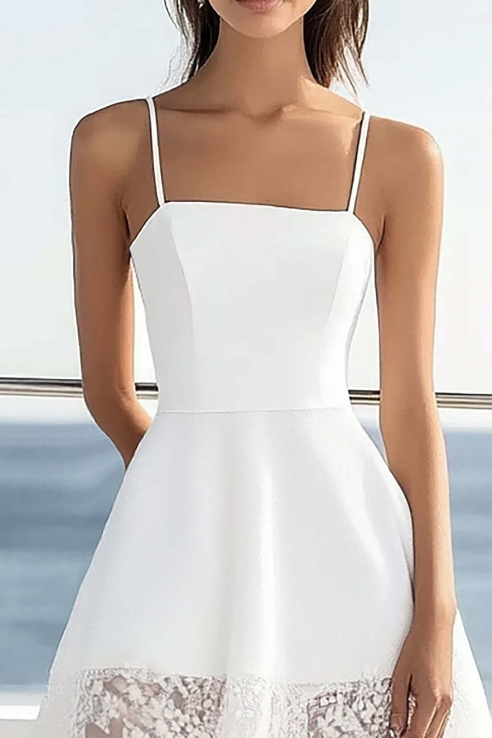 White A Line Satin Midi Graduation Dress with Lace