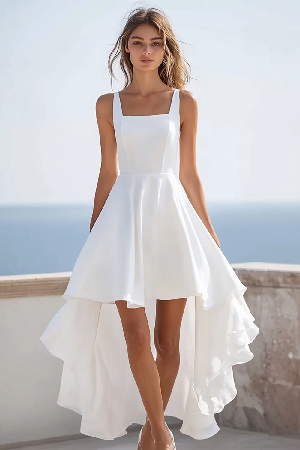 White Square Neck High-Low Graduation Dress with Ruffles