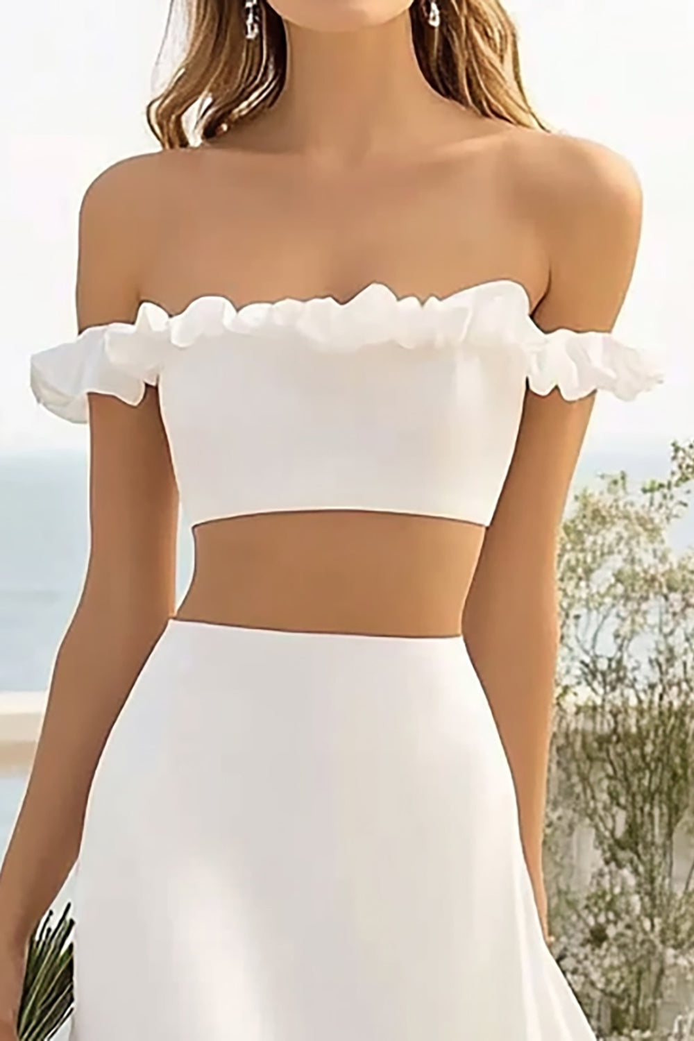 White Two Pieces A Line Satin Maxi Engagement Dress with Slit