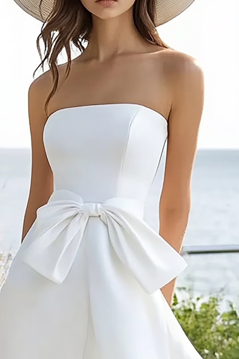 White A Line High-Low Satin Graduation Dress with Bow