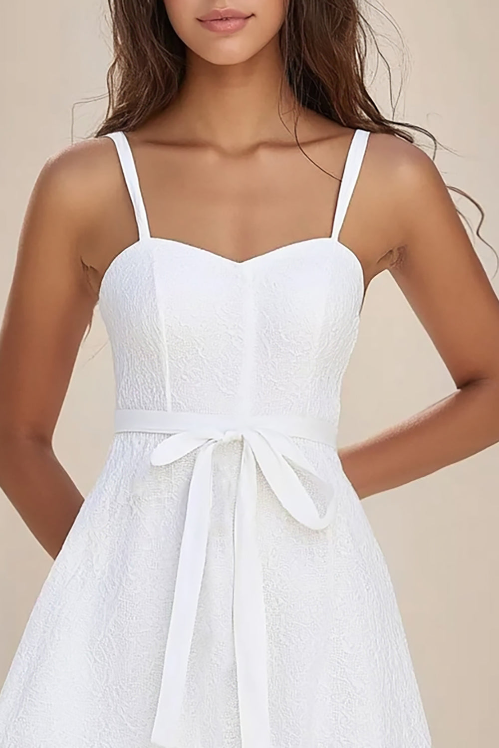 White Lace A Line Mini Graduation Dress with Sash