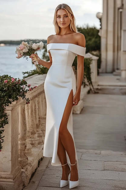 Leely Women White Satin Maxi Engagement Dress with Slit Off the Shoulder Mermaid Rehearsal Dinner Dress